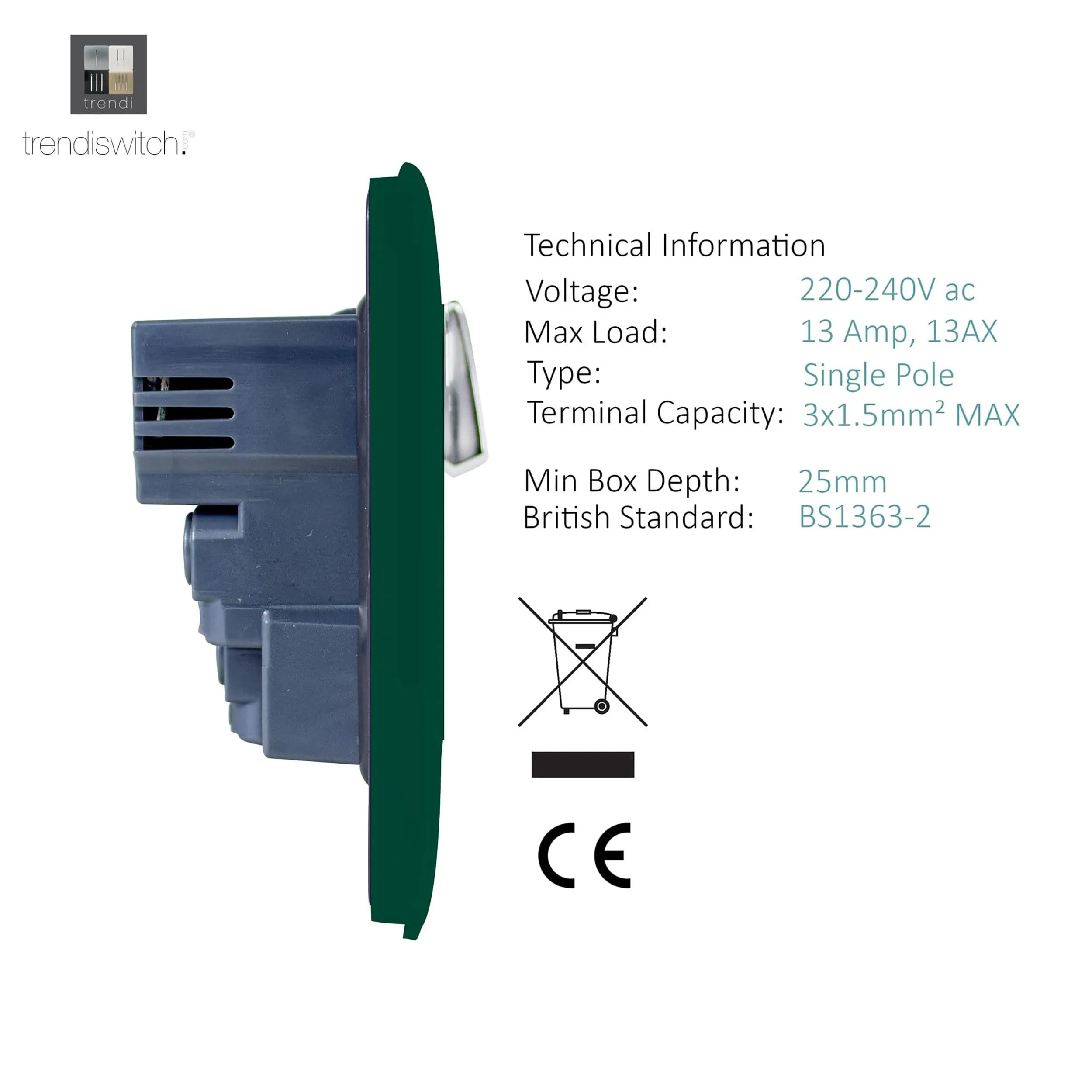 1 Gang 13Amp Switched Single Socket With 2 x USB Dark Green ART-SKT13USBDG  Trendi Dark Green